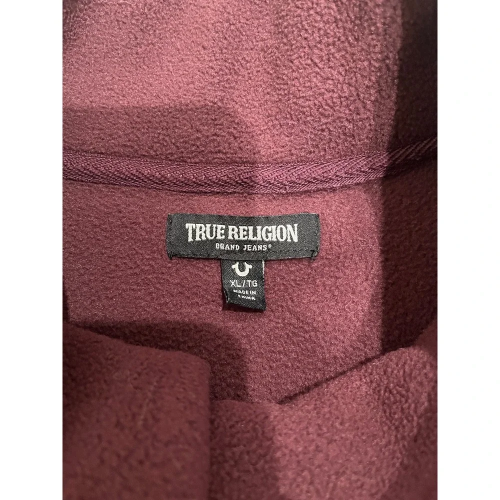True Religion Mens Fleece Zip Up Jacket Colorblock Burgundy Black XL Los Angeles